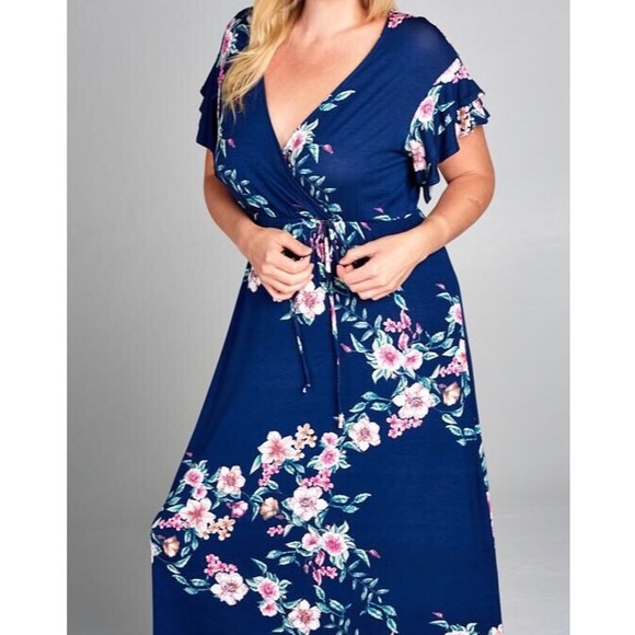 Plus Size Blue Floral Faux Wrap Maxi Dress - Picture 3 of 5